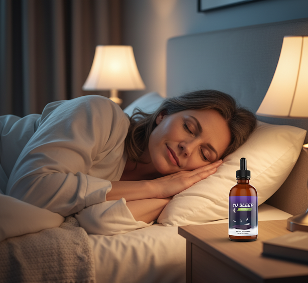 Woman sleeping peacefully with Yu Sleep on the nightstand